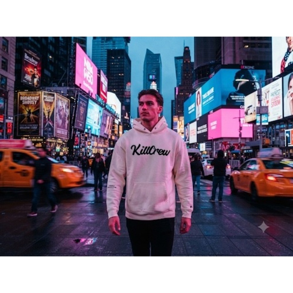 Kill Crew Mens Script Logo Hoodie Cream Off White Sleeve Graphic Sweatshirt L